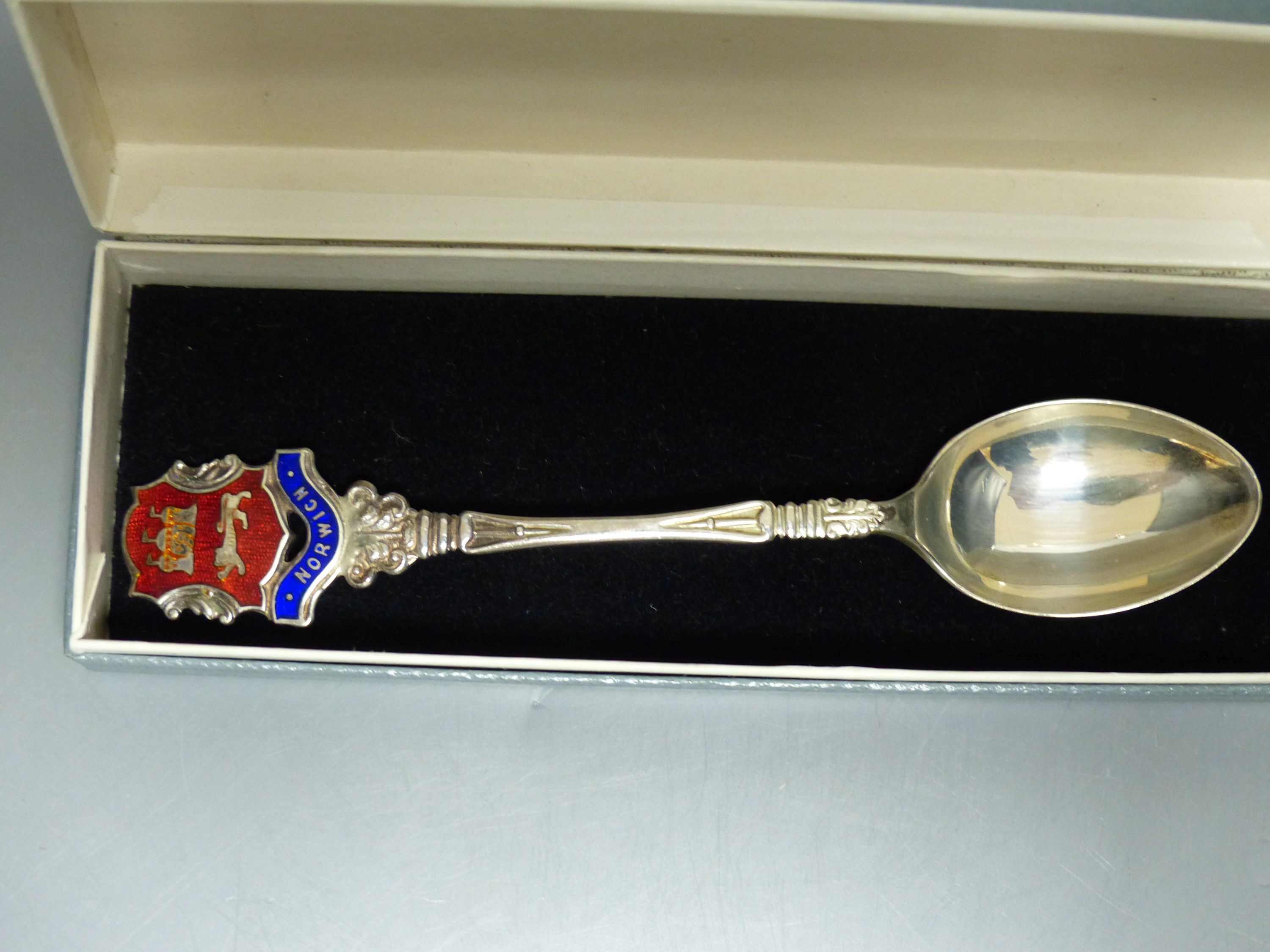 A set of silver limited edition 'Tichborne' spoons, cased and a collection of silver and enamel souvenir spoons